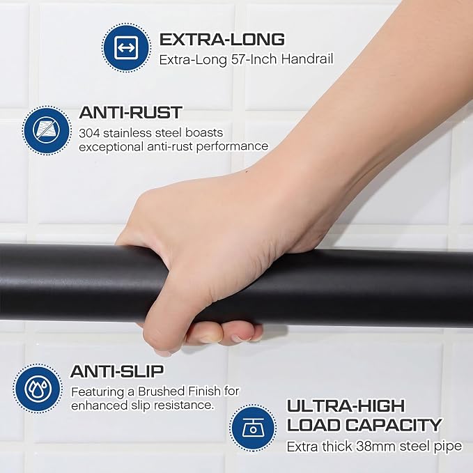 Zonon 1 Pcs 57 Inch Grab Bar for Bathroom Shower Toilet Bathtub, Stainless Steel Extra Long Safety Grab Bar for Elderly, Heavy Duty Shower Support Handle for Seniors Handicapped (Classic Style,Black)