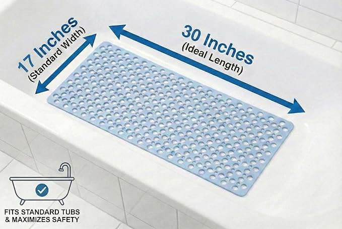 Nonslip Bathtub Mat Extra Soft TPE Bath Mat for Kids, Machine Washable Bathroom Shower Mat, Smooth/Non-Textured Tubs Only, 30L x 17W Inch (Blue)