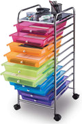 10-Drawer Rolling Storage Cart, Trolley w/Lockable 360° Wheels, 10 Removable PP Drawers, Sturdy Metal Frame, Rolling Utility Cart Perfect for Home, Office, Classroom (Rainbow)