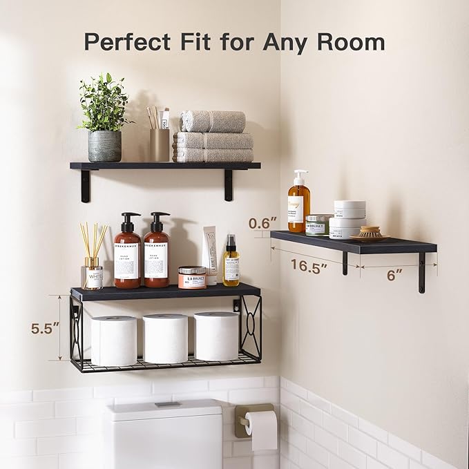 Amada Bathroom Shelves Over Toilet with Storage Basket, Floating Wall Shelf for Home Organization & Wall Decor, Bathroom/Kitchen/Living Room Shelves–Black