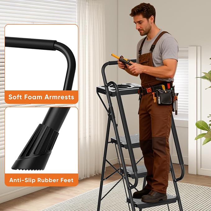 Sweetcrispy 5 Step Ladder, 800lbs Folding Step Stool with Wide Anti-Slip Pedal, Tool Tray Sturdy Ladder, Convenient Handrail, Lightweight, Portable Stepping Stool, Black