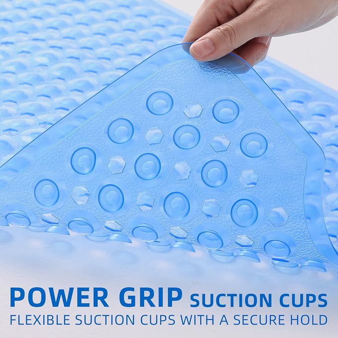 ZHICHENG Bath Tub and Shower Mats, Non-Slip 39 x 16 Inch Extra Long Bath Mat, Machine Washable Bathtub Mat with Drain Holes, Suction Cups for Bathroom (Colour Blue)