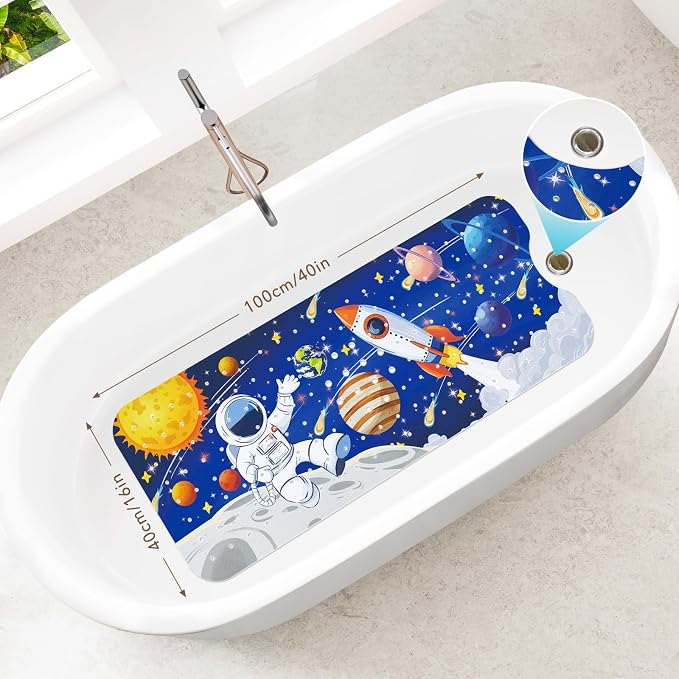 SHUCHING Blue Baby Bath Mat for Tub Non Slip-40 X 16Inch, Space Astronaut Bathtub Mat Anti Slip for Kids, Toddler Long Shower Mat for Bathroom Mold Free, Machine Washable