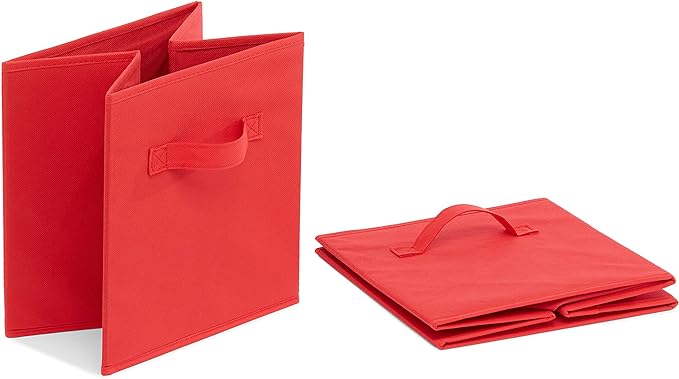 Amazon Basics Collapsible Fabric Storage Bins with Handles, Cube Organizer, Home Organization, 10.5"x10.5"x11", Red, 6-Pack