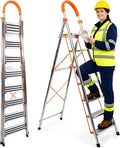 8 Step Ladder, 330lbs Load Capacity, Carbon Steel Step Stool with Non-Slip and Widen Pedals, Step Ladder with Safe Handrail, Space Saving for Home, Kitchen, Indoor & Outdoor
