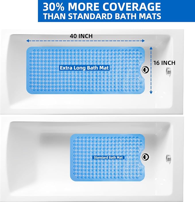 ZHICHENG Bath Tub and Shower Mats, Non-Slip 39 x 16 Inch Extra Long Bath Mat, Machine Washable Bathtub Mat with Drain Holes, Suction Cups for Bathroom (Colour Blue)