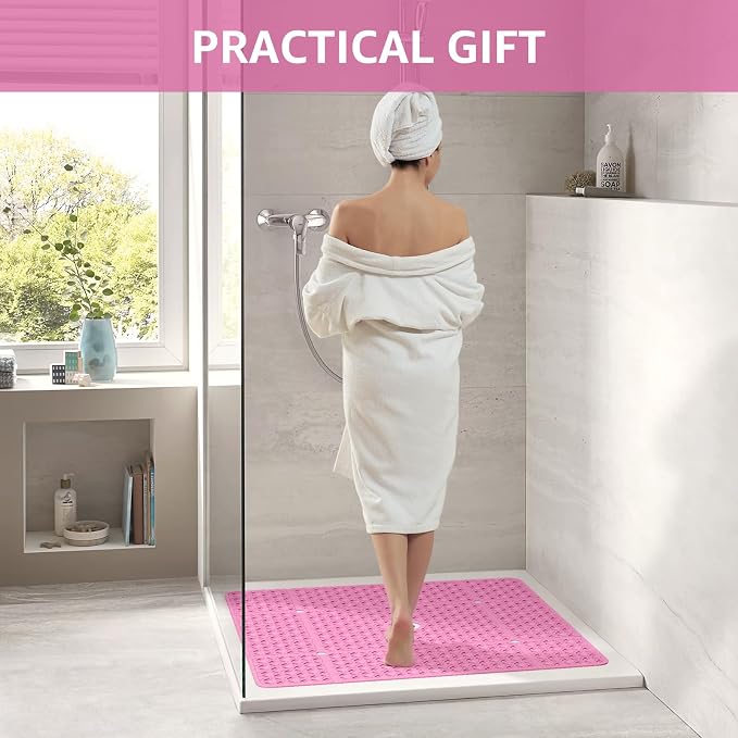 OTHWAY Square Shower Mat, 27"x 27" Extra Large Shower Mats for Inside Shower, TPE Anti Slip Shower mat with Suction Cups Drain Holes, Machine Washable Shower Floor Mat (Pink)