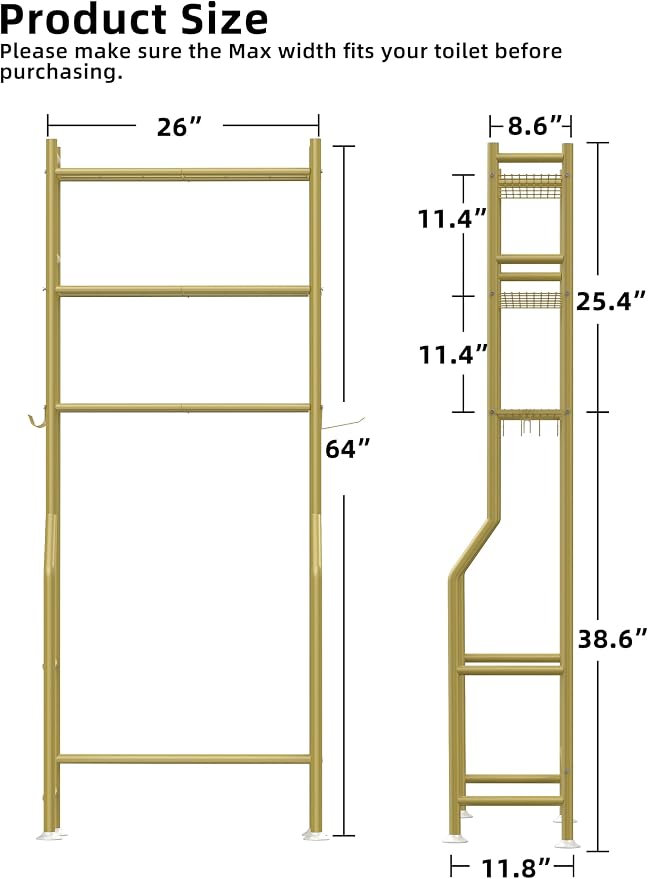 Livilord 3-Tier Over The Toilet Storage, Freestanding Metal Bathroom Shelves with 4 Hooks, Over Toilet Storage Shelf with Paper Holder, Above The Toilet Shelf for Bathroom Storage, Gold