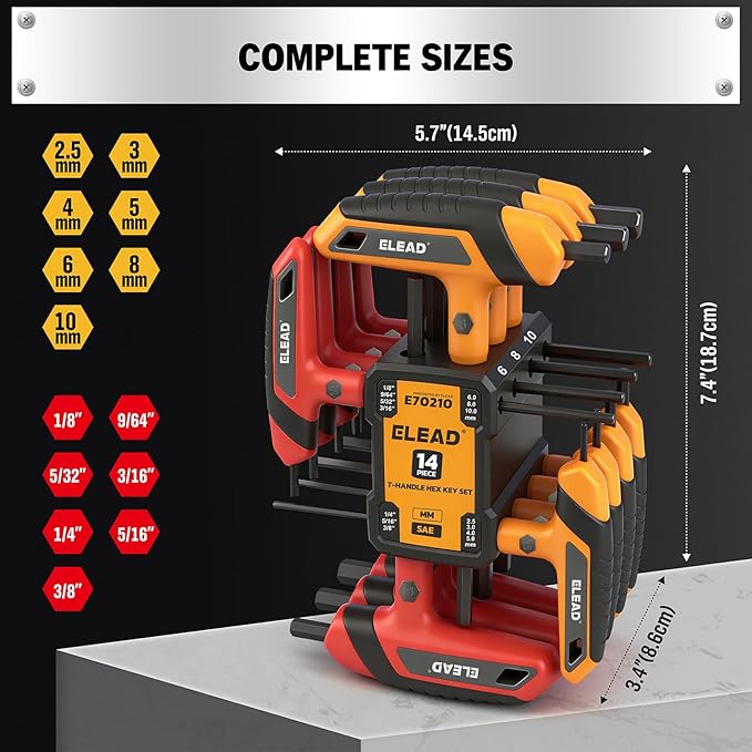ELEAD 14-Piece T-handle Allen Wrench Set, Metric 2.5mm-10mm & SAE 1/8"-3/8" Portable Hex Key, Long Arm Allen Key Set with Storage Rack for Basic Home Repair and Mechanical Maintenance