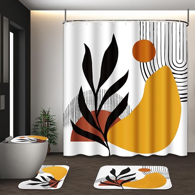 Boho Mid Century Shower Curtain Set with Toilet Lid Cover and Non-Slip Rugs, Botanical Wall Art 4 Pcs Shower Curtain, Minimalist Geometric Bathroom Set Decor with 12 Hooks