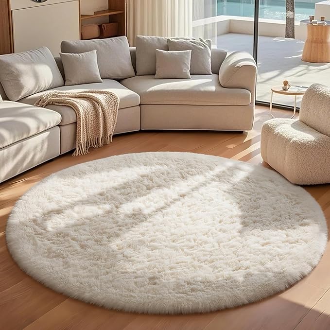 Ophanie Round Rugs 7Ft Ivory Circle Area Rug, Aesthetic Room Decor, Fluffy Fuzzy Bedroom Carpet, Plush Soft Shaggy Cream Living Room Rugs for Kids Home Decor, Nursery