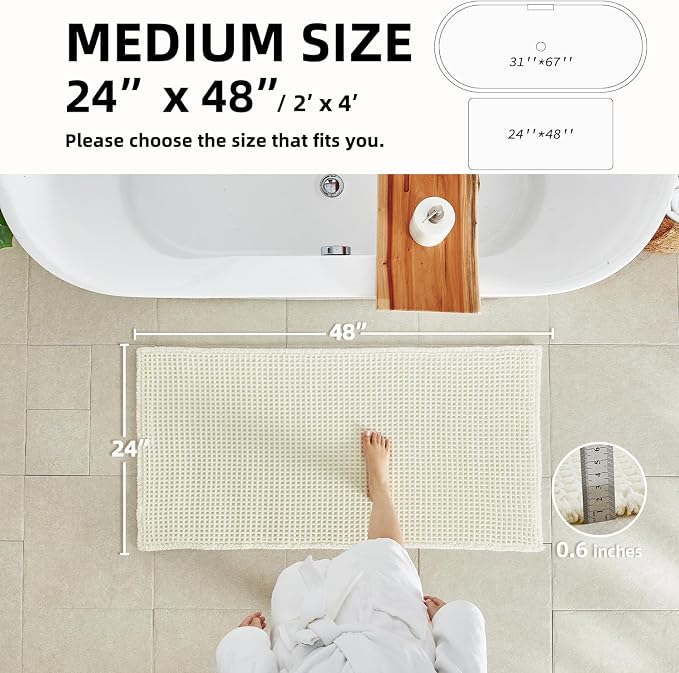 TYUU Cream White Bathroom Rugs, Waffle Bath Mat Non Slip Washable Super Absorbent Quick Dry Boho Farmhouse Bathroom Decor, 48"x24" Cream White