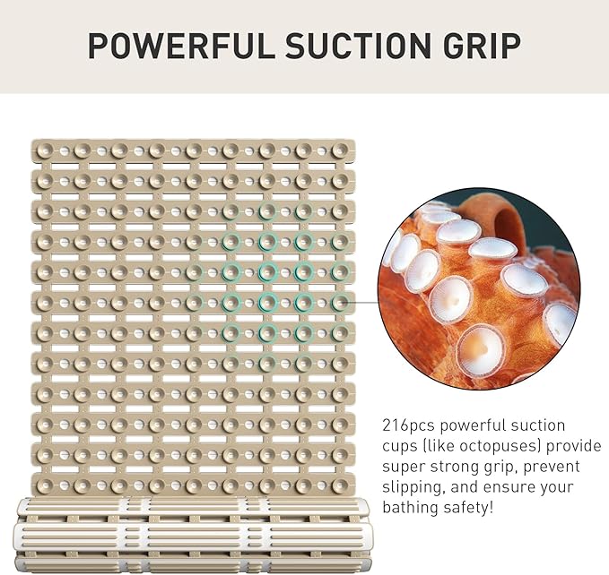 XIYUNTE Shower Mat Non Slip Bath Mat for Tub - 36 x 16 Inch Bathtub Mat Non Slip Shower Mats for Inside Shower, TPE Bath Mat with Suction Cups, Easy to Cut Bath Tub Mat, Brown