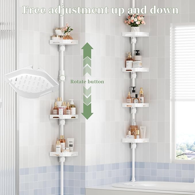 akinbas Tension Pole Shower Caddy Organizer with 4 Tier L-Shaped Rust Resistant Bathroom Corner Shelves with 34-124 Inch Adjustable No Drilling Quick Install Shower Rack for Bath Essentials (White)