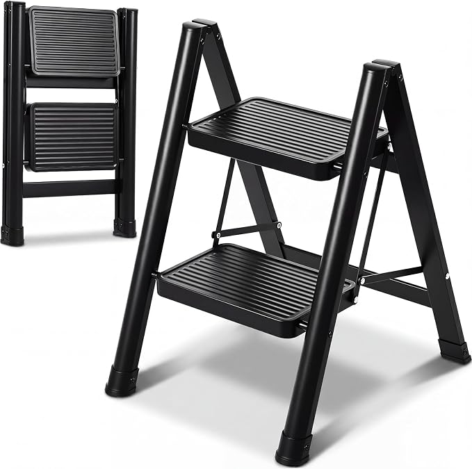 2 Step Ladder Lightweight Portable Folding Step Stool with Anti-Slip Wide Pedal 330lbs Capacity Carbon Steel Ladder for Household,Office,Library (Black)