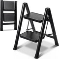 2 Step Ladder Lightweight Portable Folding Step Stool with Anti-Slip Wide Pedal 330lbs Capacity Carbon Steel Ladder for Household,Office,Library (Black)