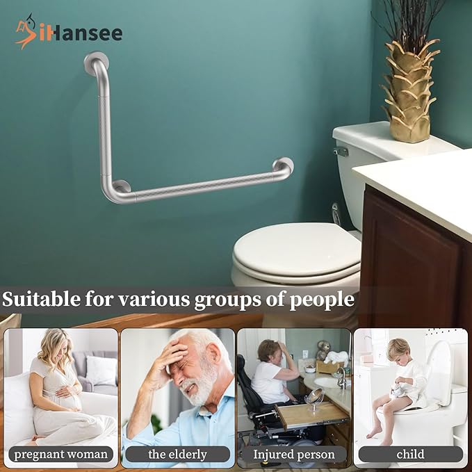 Brushed Nickel Angled Grab Bar 16x24 Inch, iHansee Bathroom Safety Bar w/Anti-Slip Knurled Grip, Wall Mount L Shaped Shower Handle for Elderly Senior Handicap, Toilet Bathtub Balance Support Bar