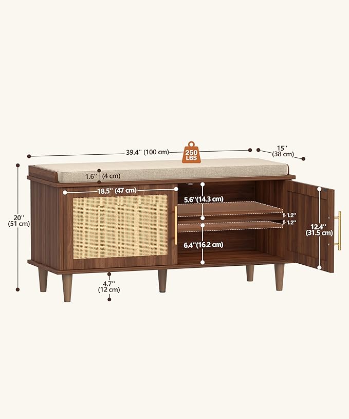 Akxomel Rattan Shoe Storage Bench with Cushion, 2-Tier Entryway Bench with Adjustable Shelves and 2 Doors, 15" D x 39.4" W x 20" H, Solid Wood Legs, for Hallway, Living Room, Bedroom, Walnut