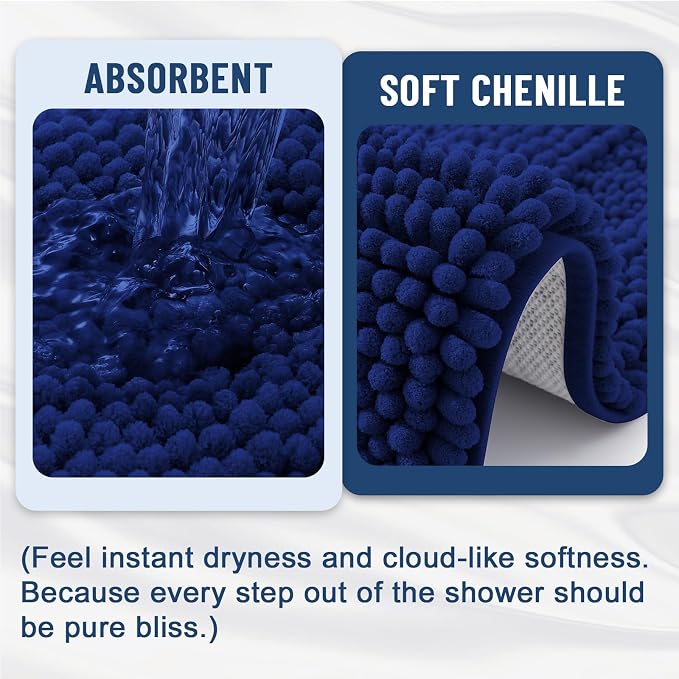 Grandaily Chenille Striped Bathroom Rugs 47x20, Extra Thick and Soft Absorbent Bath Mats, Rubber Backing, Plush Shaggy Shower Carpet, Machine Wash Dry, Bath Rug for Bathroom, Navy Blue