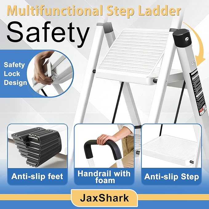 3 Step Ladder Folding Step Stool with Handrail 500LBS Capacity Sturdy Carbon Steel Frame Anti-Slip Pedal & Feet Portable for Home Kitchen Garage Bathroom (white-3step)