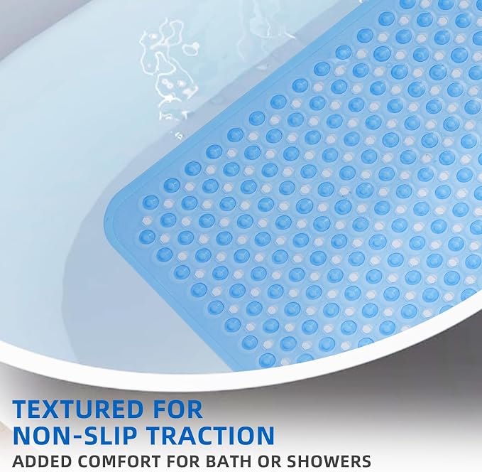 ZHICHENG Bath Tub and Shower Mats, Non-Slip 39 x 16 Inch Extra Long Bath Mat, Machine Washable Bathtub Mat with Drain Holes, Suction Cups for Bathroom (Colour Blue)