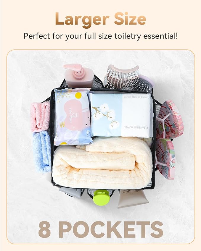 Temede Mesh Shower Caddy Tote, Large Shower Caddy Basket Portable, Quick Dry Hanging Toiletry Bag, 8 Storage Pocket Handle Bath Organizer for College Dorm, Gym, Camp, Travel