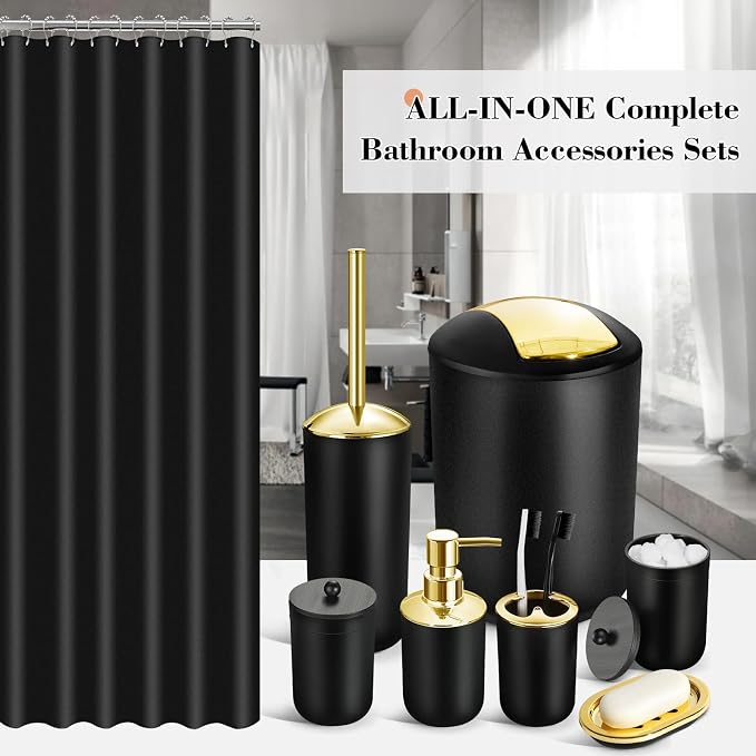 Bathroom Set, 20Pcs Bathroom Shower Curtain Sets with Hooks, Black Bathroom Accessories Set with Trash Can, Bathroom Accessories Sets Complete with Shower Curtain Set, Bathroom Accessory Set
