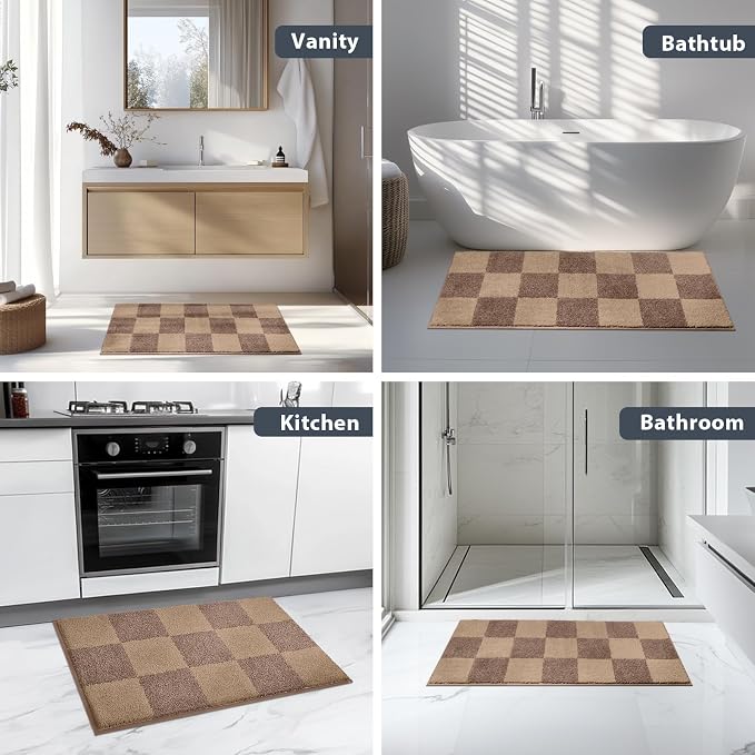 anllugs Bathroom Rugs 30" x 60", Non-Slip Extra Soft Absorbent Bath Rugs, Machine Washable Quick Dry Bath Mats for Bathroom Floor, Shower, Bathtub and Sink, Checkered Grayish Brown & Coffee