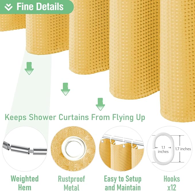 Dynamene Extra Long Shower Curtain - 84 Inch Long Waffle Weave Heavy Duty Fabric Bathroom Shower Curtain, Neutral Weighted Hotel Thick Bath Curtain Set with 12 Plastic Hooks,72x84, Gold