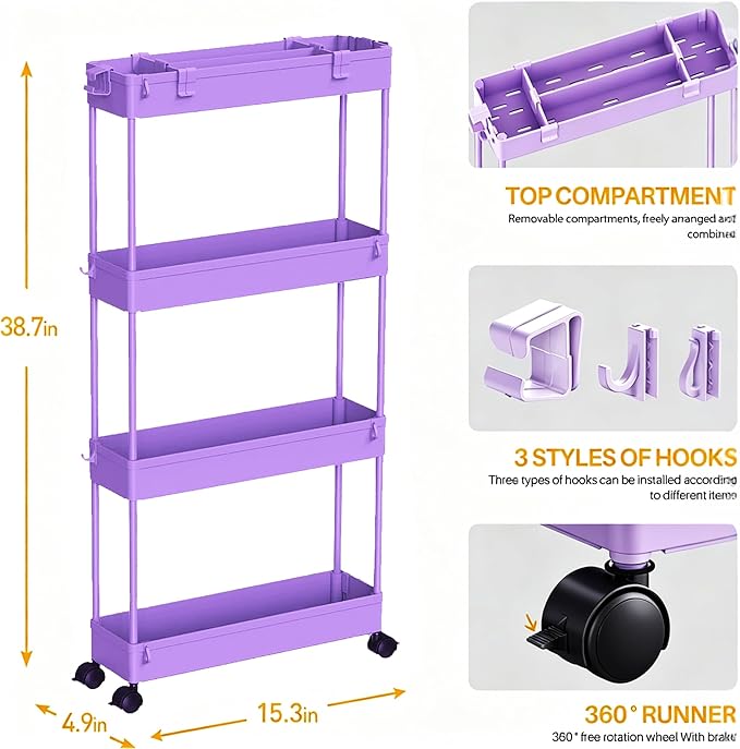 SPACELEAD 2-piece Set Slim Storage Cart 3 Tier,Bathroom Organizer Rolling Utility,Mobile Shelving Unit Slide Out for Office, Kitchen, Laundry Room & Narrow Places