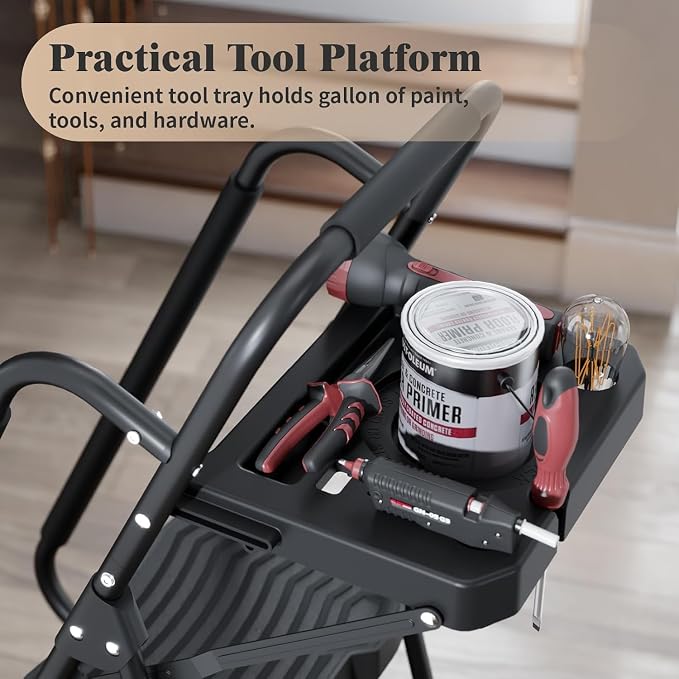 Simple Deluxe 5 Step Ladder with Tool Platform, 900 lbs Sturdy Step Stool with Handrail, Step Stool for Adults, Step Ladder for Home Kitchen and Outdoor, Black
