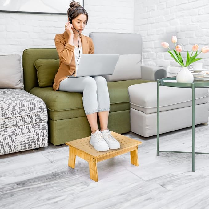 Tlence Wooden Step Stool for Adults, 6.5" Small Bamboo Foot Stool, 300 Lbs Non Slip One Stepping Stool, Short Bed Steps for High Beds and Office Desk