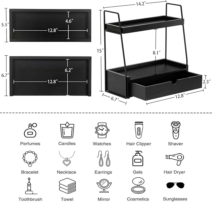 2-Tier Bathroom Organizer Countertop with Drawer, Wood Counter Organizer for Bathroom Decor, Sink Shelf for Vanity Storage, Makeup Tray for Perfume Skincare, Spice Rack Bedroom Kitchen Corner