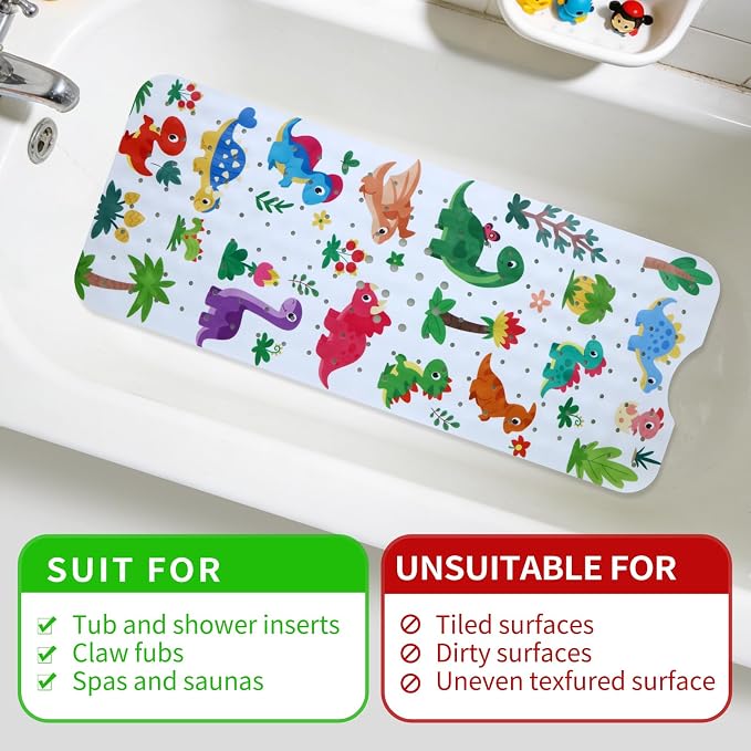 Baby Bath Mat for Tub Non Slip Kids Bathtub Mat Extra Long 40X16 Inch Toddler Bath Tub Shower Mat Anti Slip with Suction Cups & Drain Holes, Machine Washable (Forest Dinosaur)