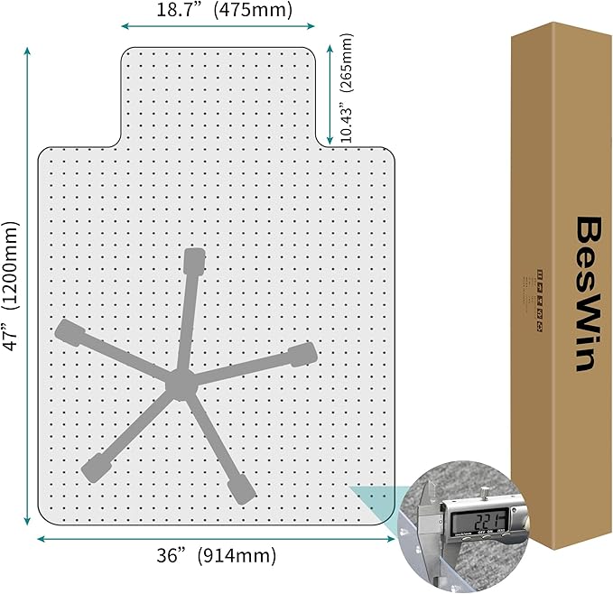 BesWin Office Chair Mat for Carpets, 36" x 48" Low Pile Carpet Protector Mat for Office Chair, Heavy Duty Computer Desk Floor Mat for Carpeted Floors for Home/Offices, Easy Glide(48" x 36" with Lip)