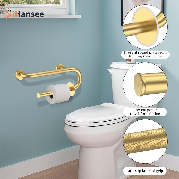 𝐔𝐩𝐠𝐫𝐚𝐝𝐞𝐝 Toilet Grab Bars 16 Inch - Toilet Paper Holder Grab Bar Stainless Steel Knurled Toilet Grab Bars for Seniors Bathtub Bathroom Rails for Elderly Bath Safety Balance Support, Gold