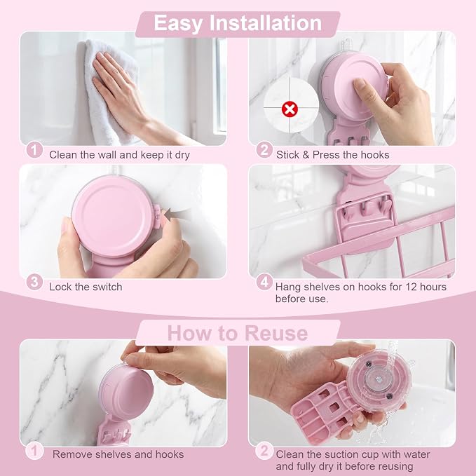 JOTPE Pink Shower Caddy Suction Cup 2 Pack with Hooks, No Drilling Shower Organizer for Bathroom with Large Capacity, Heavy Duty Suction Strong Hold, Waterproof & Rustproof Metal Storage Basket