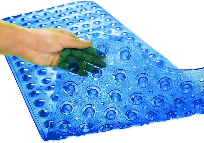 TEESHLY Bathtub Mats for Shower Tub, Extra Long Non-Slip 39 x 16 Inch Bath Mat with Drain Holes and Suction Cups, BathMat for Bathroom with Machine Washable (Clear Blue)