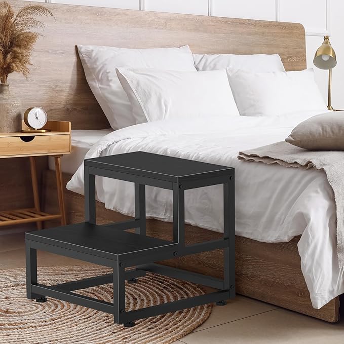 LIANTRAL 2 Step Stool for Adults Kids, Heavy Duty Sturdy Steel Frame with Wooden Steps, Bedside Foot Stool with 500lbs Load Capacity, Non-Slip Step Stool for High Bed, Kitchen, RV Step - Black