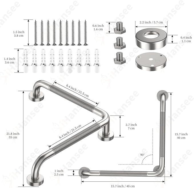 Angled Grab Bar 16x16 Inch Stainless Steel Knurled Toilet Handles Wall Mounted Bathroom Handicap Safety Rails for Elderly Injured Balance Support, L-Shaped Brushed Nickel Grab Bar for Shower