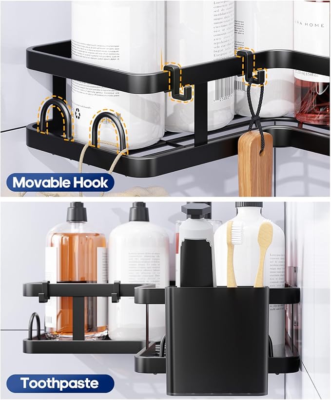 3 Pack Corner Shower Caddy Organizer, Rustproof Corner Shower Shelves, No Drilling Bathroom Corner Shelf with Hooks and Toothpaste Holder