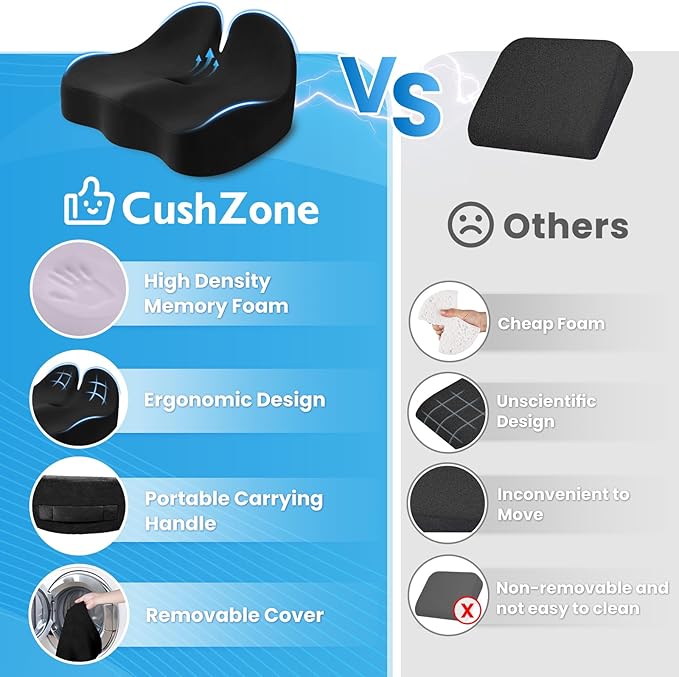 CushZone Seat Cushion, Ergonomic Memory Foam Seat Cushions for Office Chairs, Car, Long Trip, Desk Chair, Lab, Extra Large Size for Sciatica & Hip & Tailbone Pain Relief, Sciatica Support (Black)