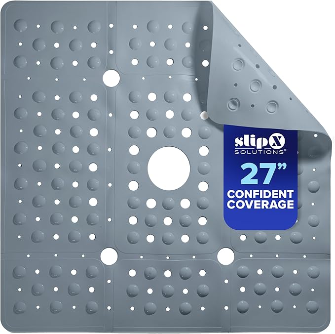 SlipX Solutions 27" Oversize Square Shower Mat, Non-Slip Mat for Elderly & Kids, 100+ Power Grip Suction Cups for Smooth Surfaces, Machine Washable, Solid Gray