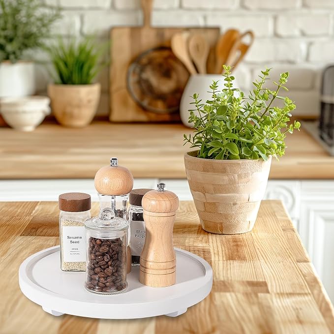 Round Decorative Tray Wood Bathroom Counter Organizer Farmhouse Kitchen Decor Wooden Riser for Soap Dish, Perfume, Candle, Sponge, 11" - White