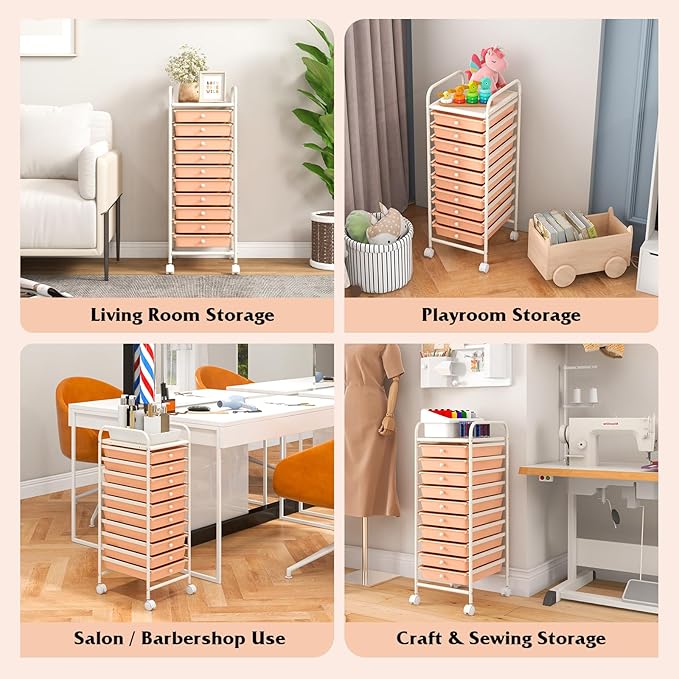 10-Drawer Rolling Storage Cart, Trolley w/Lockable 360° Wheels, 10 Removable PP Drawers, Sturdy Metal Frame, Rolling Utility Cart Perfect for Home, Office, Classroom (Peach Fuzz)