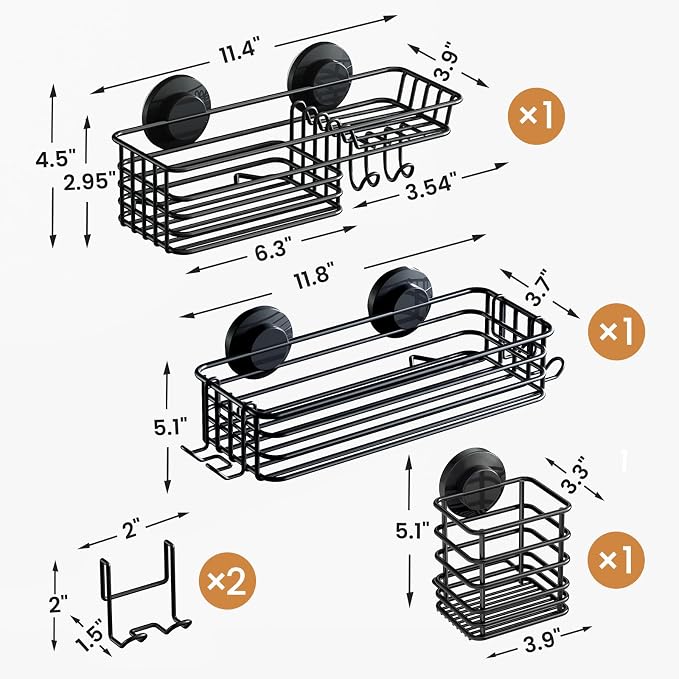 LEVERLOC Shower Caddy Suction Cup, 3 Pack Heavy Duty Bathroom Organizer for Inside Shower with Hooks & Soap Holder, Removable Bathroom Holder, Rustproof Black Storage