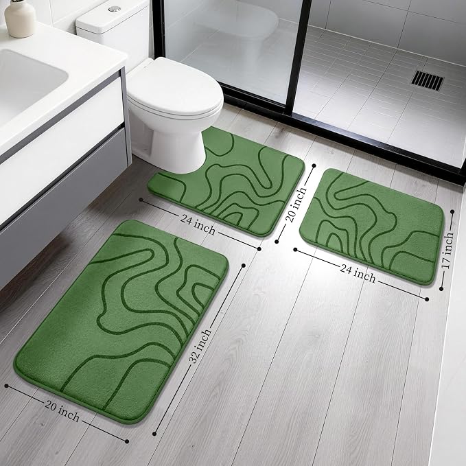 YIHOUSE Memory Foam Bathroom Rugs Sets 3 Piece - Extra Thick Ultra Soft Absorbent Bath Mat Set, Non-Slip Machine Washable Bath Rugs for Bathroom, Tub & Shower, Home Decor Accessories, Olive Green