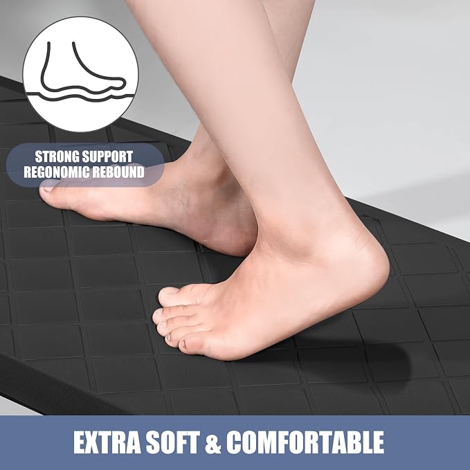 Cushioned Kitchen Mat 2 PCS, Anti Fatigue Kitchen Rugs, Heavy Duty Kitchen Rugs and Mats Non-Skid, Ergonomic Comfort Foam Kitchen Floor Mat for Home, Office, Sink, Laundry - Black