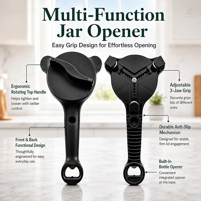 Jar Opener for Seniors with Arthritis, Easy Grip Adjustable Lid & Bottle Opener Set with Non-Slip Silicone Pad & Stainless Steel Hook, Black