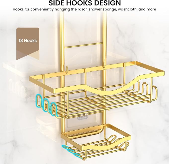 Shower Caddy Hanging Adjustable Shower Caddy, Rustproof Shower Organizer Extended Length Showers Caddy Over Shower Head with Hooks Soap Holder, Large Capacity Anti-Swing Bathroom Organizer, Gold